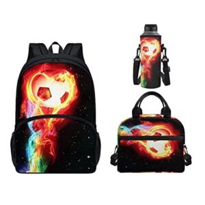 poetesant colorful fire football black 3 pack school bookbag+picnic organizer+water bottle bag flaming soccer ball backpack with lunch bag water bottle strap