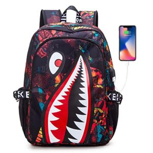 kejinsge Shark Teens Backpacks Fashion Schoolbag Casual Waterproof Travel USB Laptop Backpack (Style 1)