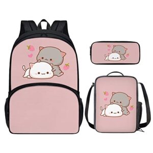 hellhero kawaii strawberry cat backpack for girls 4th 5th 2nd grade school bag sets middle school schoolbag with lunch box pencil case elementary kindergarten preschool bookbag