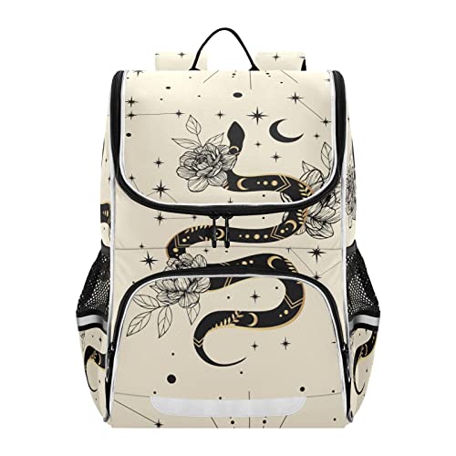 AIXIWAWA School Backpack (Boho Snake Floral), Large Capacity Causal Daypack with Bottle Pockets Reflective Strips for Boys Girls Adults 12.2 x 7.87 x 16.14 inches