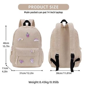 Unineovo Corduroy Backpack with Cute Pin Accessories, Lightweight 14 inch Laptop Bag for Teens Girls Casual School Backpack (Beige)