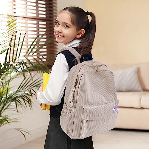 Unineovo Corduroy Backpack with Cute Pin Accessories, Lightweight 14 inch Laptop Bag for Teens Girls Casual School Backpack (Beige)