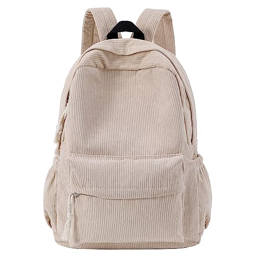 Unineovo Corduroy Backpack with Cute Pin Accessories, Lightweight 14 inch Laptop Bag for Teens Girls Casual School Backpack (Beige)