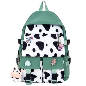 unineovo cow print kawaii backpack with cute pin accessories plush pendant kawaii school backpack cute aesthetic backpack