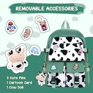 Unineovo Cow Print Kawaii Backpack with Cute Pin Accessories Plush Pendant Kawaii School Backpack Cute Aesthetic Backpack