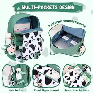 Unineovo Cow Print Kawaii Backpack with Cute Pin Accessories Plush Pendant Kawaii School Backpack Cute Aesthetic Backpack