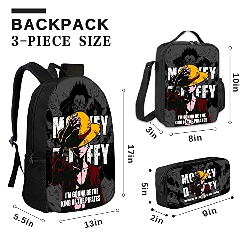 URYLVUG Japanese Anime 3 in 1 Backpack Set, Cosplay Daypack, Insulated Lunch Bag for Work, Pencil Case for Boys Girls, Large-capacity Travel Bag - Black,209172Hz