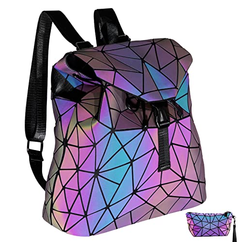 onlinelux Geometric Luminous Purses and Handbags for Women Holographic Reflective Bag Backpack Wallet Clutch Set