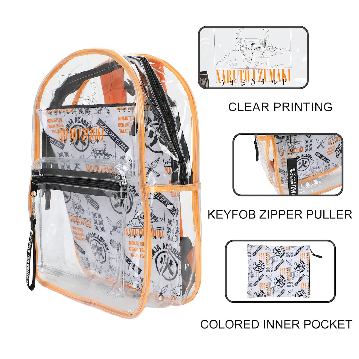 Bioworld Naruto Shippuden 17" Clear Plastic Backpack with Removable Laptop Pocket