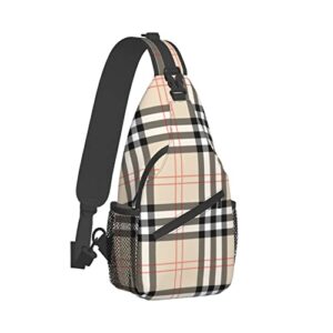 wulilenxue beige check tartan plaid sling backpack, crossbody triangle sling bag casual chest bags, travel hiking daypack for men women shoulder bag