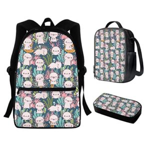 disnimo axolotl backpack for kids girls boys lightweight school bag, lunch bag, pencil pouch, travel rucksack,set of 3 gifts for back to school