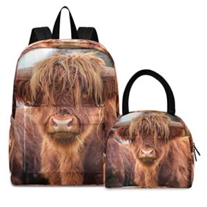 odawa scottish highland cow kids backpack set boys, school camping travel backpack with insulated lunch bag
