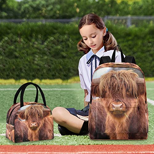 ODAWA Scottish Highland Cow Kids Backpack Set Boys, School Camping Travel Backpack with Insulated Lunch Bag