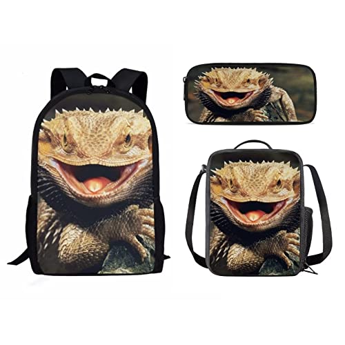 Tomeusey Bearded Dragon Lizards Backpack Student Bookbag for Girls Boys 3 Piece Kids Casual Travel Backpack with Lunchbox Pencil Case