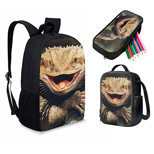 Tomeusey Bearded Dragon Lizards Backpack Student Bookbag for Girls Boys 3 Piece Kids Casual Travel Backpack with Lunchbox Pencil Case