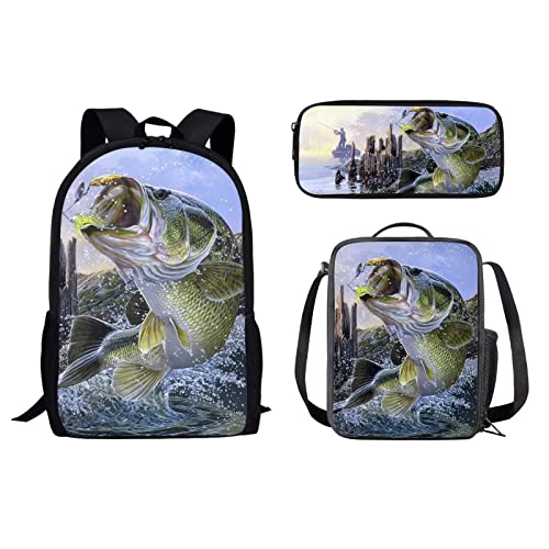 Tomeusey Bass Fish Backpack Set, Casual Backpack with Lunch Bag Pencil Case, Bookbag for Camping Travel School