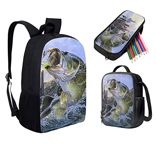 Tomeusey Bass Fish Backpack Set, Casual Backpack with Lunch Bag Pencil Case, Bookbag for Camping Travel School