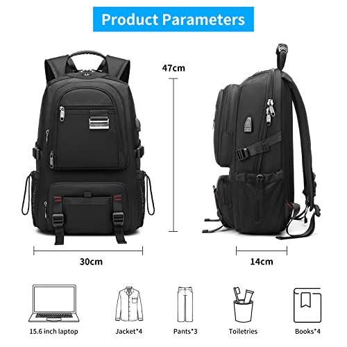 Travel Laptop Backpack for Men, 15.6 Inch Laptop Backpack with USB Charging Port & Headphone Jack, Water Resistant Durable College Computer Business Work Weekend Backpack Gifts for Men Hiking, Black