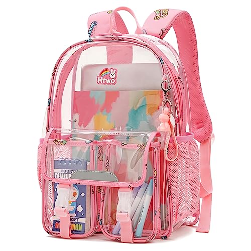 HTWO Clear Backpack for School, Backpacks for Girls, Passed CPSC Und Stadium Approved, Bookbag with Pendant (Pink)