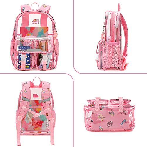 HTWO Clear Backpack for School, Backpacks for Girls, Passed CPSC Und Stadium Approved, Bookbag with Pendant (Pink)