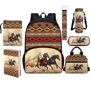 zfrxign western horse back to school backpack for girls bookbag with insulated lunch box aztec purse pencil case water bottle holder laptop backpacks kids book sleeve keychains 7 in 1