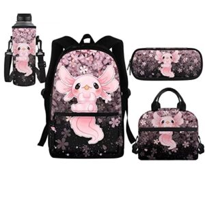 hellhero axolotl backpack for kids girls school bag age 7 8-10 10-12 12-14 13-15 cherry blossom lunch bag preschool elementary schoolbag bookbag with pencil case water bottle sleeve
