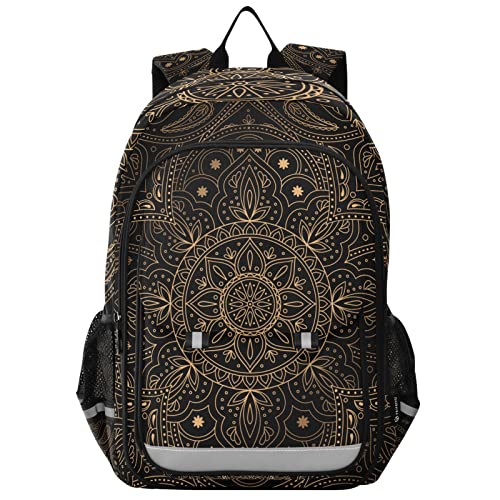 Golden Mandala Lotus Boho Backpack for Women Men, Large Student School Bookbag 15.6 in Laptop Bag Purse Travel Casual Daypack