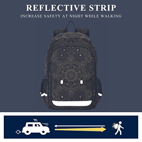 Golden Mandala Lotus Boho Backpack for Women Men, Large Student School Bookbag 15.6 in Laptop Bag Purse Travel Casual Daypack