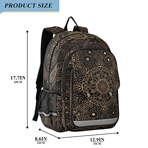 Golden Mandala Lotus Boho Backpack for Women Men, Large Student School Bookbag 15.6 in Laptop Bag Purse Travel Casual Daypack