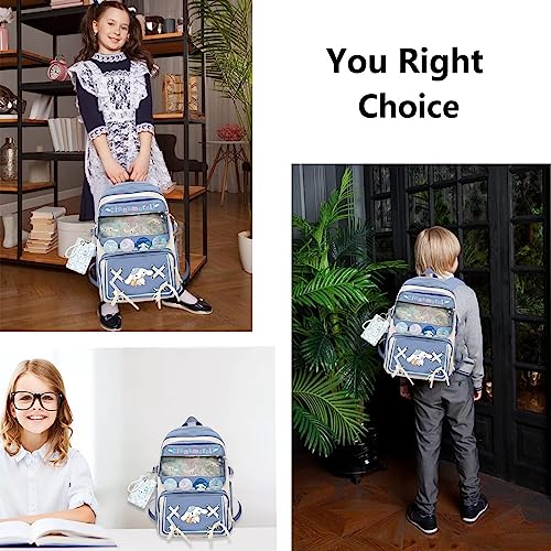 jkawzoy Japanese Cartoon Backpack, Cute Cool Book Bags for Teens Kawaii Backpacks with Kawaii Pins for Outdoor Travel Unisex Laptop Bookbags Blue