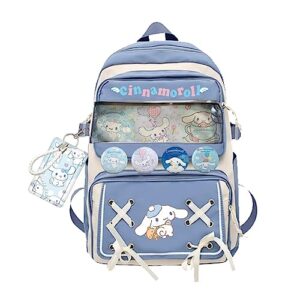 jkawzoy japanese cartoon backpack, cute cool book bags for teens kawaii backpacks with kawaii pins for outdoor travel unisex laptop bookbags blue