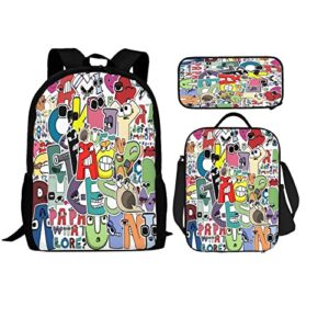 fnasfia alphabet lore 3 piece backpack set, cartoon alphabet backpack pencil case lunch bag casual backpack combo unisex