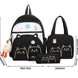 DAHUOJI 3PCS Kawaii Backpack Set 17in Cat Embroidery Backpacks Aesthetic School Bag Cute Bookbag with Lunch Bag,Pencil Box,Duck Pendant & Badge,Black