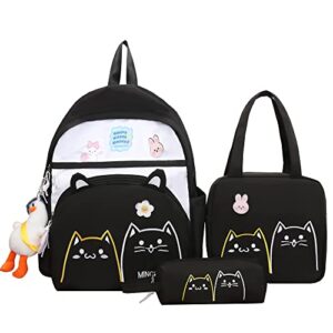 dahuoji 3pcs kawaii backpack set 17in cat embroidery backpacks aesthetic school bag cute bookbag with lunch bag,pencil box,duck pendant & badge,black