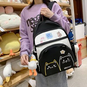 DAHUOJI 3PCS Kawaii Backpack Set 17in Cat Embroidery Backpacks Aesthetic School Bag Cute Bookbag with Lunch Bag,Pencil Box,Duck Pendant & Badge,Black