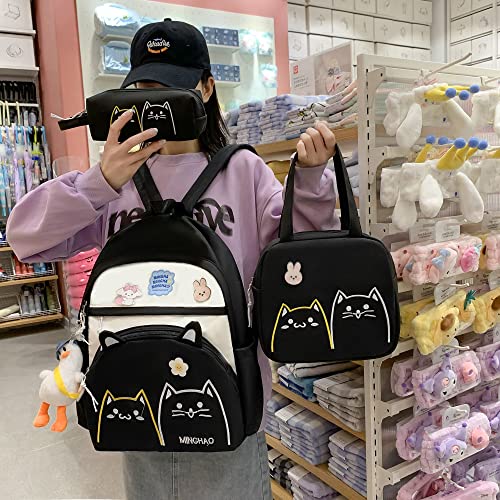 DAHUOJI 3PCS Kawaii Backpack Set 17in Cat Embroidery Backpacks Aesthetic School Bag Cute Bookbag with Lunch Bag,Pencil Box,Duck Pendant & Badge,Black