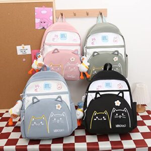 DAHUOJI 3PCS Kawaii Backpack Set 17in Cat Embroidery Backpacks Aesthetic School Bag Cute Bookbag with Lunch Bag,Pencil Box,Duck Pendant & Badge,Black