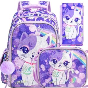 3pcs cat backpack for girls, 16" sequin bookbag and lunch box for kids, water resistant preschool backpacks for elementary students