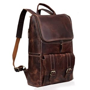 C CUERO Full Grain Leather Backpack for Men - 17 Inch Laptop Bag - Vintage Travel Rucksack - Casual Daypack for Womens (BROWN)