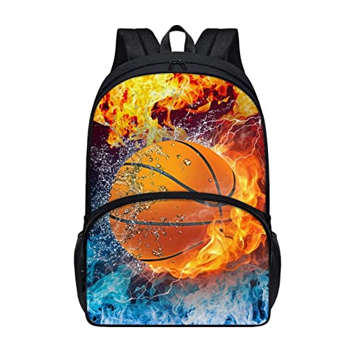 Drydeepin Blue Orange Fire Basketball Book Bags Backpack for Kids Boys Casual Travel Daypack with Bottle Holder Pocket Large School Bags Elementary School Student Teens Lightweight Rucsack,17Inch