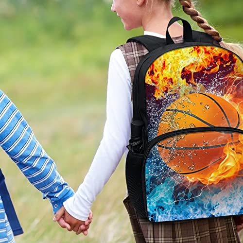 Drydeepin Blue Orange Fire Basketball Book Bags Backpack for Kids Boys Casual Travel Daypack with Bottle Holder Pocket Large School Bags Elementary School Student Teens Lightweight Rucsack,17Inch