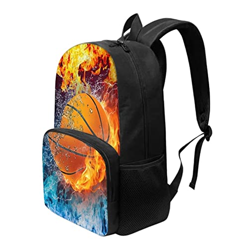 Drydeepin Blue Orange Fire Basketball Book Bags Backpack for Kids Boys Casual Travel Daypack with Bottle Holder Pocket Large School Bags Elementary School Student Teens Lightweight Rucsack,17Inch