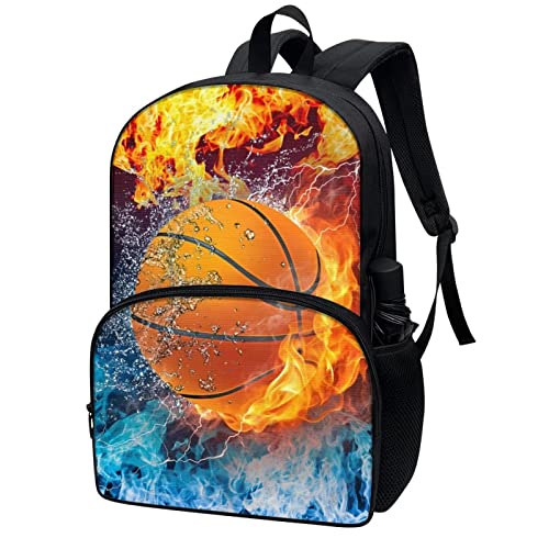 Drydeepin Blue Orange Fire Basketball Book Bags Backpack for Kids Boys Casual Travel Daypack with Bottle Holder Pocket Large School Bags Elementary School Student Teens Lightweight Rucsack,17Inch