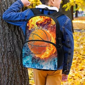 Drydeepin Blue Orange Fire Basketball Book Bags Backpack for Kids Boys Casual Travel Daypack with Bottle Holder Pocket Large School Bags Elementary School Student Teens Lightweight Rucsack,17Inch