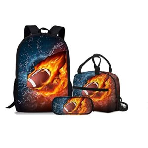 rnyleeg fire american football backpack 3 piece set school bag bookbag with insulated lunch box and pencil case set for boys girls,one size
