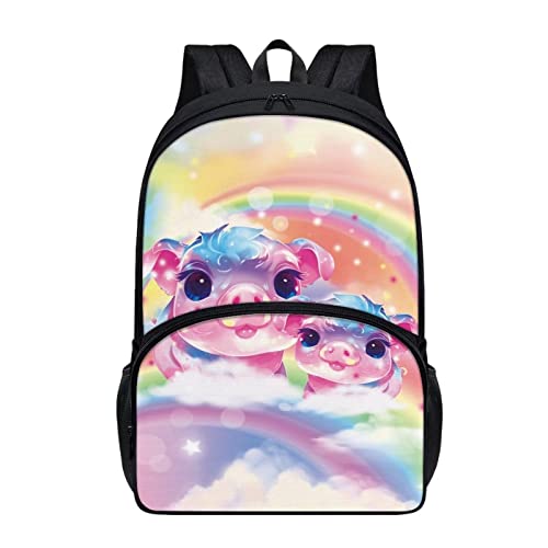 Allcute Kids Personalized Bookbag Fancy Cloud Rainbow Pig Print Backpack for School Student Adjustable Straps Girls Boys Padded Casual Backpack with Front Pocket Teens Daypack