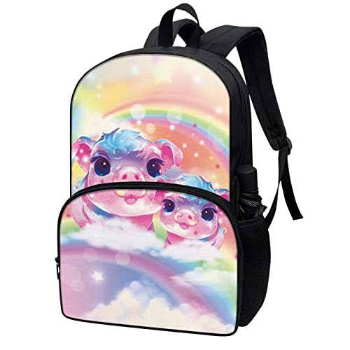 Allcute Kids Personalized Bookbag Fancy Cloud Rainbow Pig Print Backpack for School Student Adjustable Straps Girls Boys Padded Casual Backpack with Front Pocket Teens Daypack