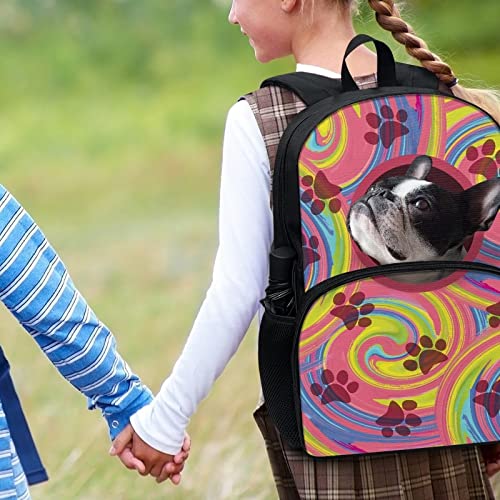 Allcute Girls Lightweight Cute Dog Paw Bulldog Print Backpack for School Teens Student Large Capacity Padded Back Laptop Bookbag 17 Inch Boys Kids Durable Daypack with Front & Side Pocket