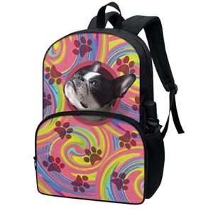 Allcute Girls Lightweight Cute Dog Paw Bulldog Print Backpack for School Teens Student Large Capacity Padded Back Laptop Bookbag 17 Inch Boys Kids Durable Daypack with Front & Side Pocket