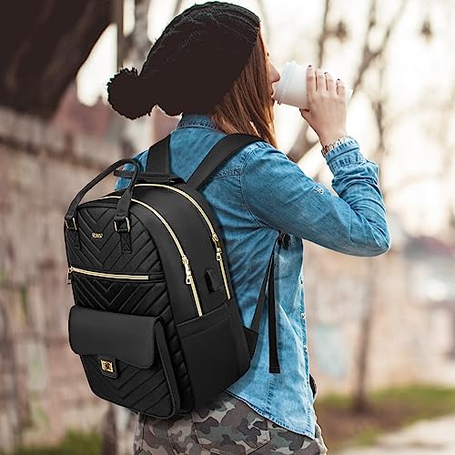 RJEU Bookbag for Women,Fashion Laptop Bag Tablet Backpack with USB Port for Work,School Backpack Aesthetic for Teen Girls College Student,Mochilas de Mujer,Black